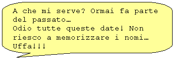 Fumetto 2: A che mi serve? Ormai fa parte del passato
Odio tutte queste date! Non riesco a memorizzare i nomi Uffa!!!

