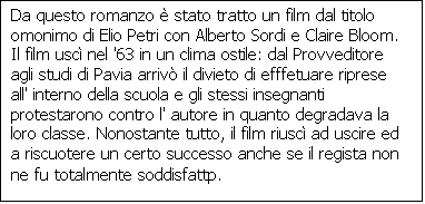 Casella di testo: Da questo romanzo  stato tratto un film dal titolo omonimo di Elio Petri con Alberto Sordi e Claire Bloom. Il film usc nel '63 in un clima ostile: dal Provveditore agli studi di Pavia arriv il divieto di efffetuare riprese all' interno della scuola e gli stessi insegnanti protestarono contro l' autore in quanto degradava la loro classe. Nonostante tutto, il film riusc ad uscire ed a riscuotere un certo successo anche se il regista non ne fu totalmente soddisfattp.